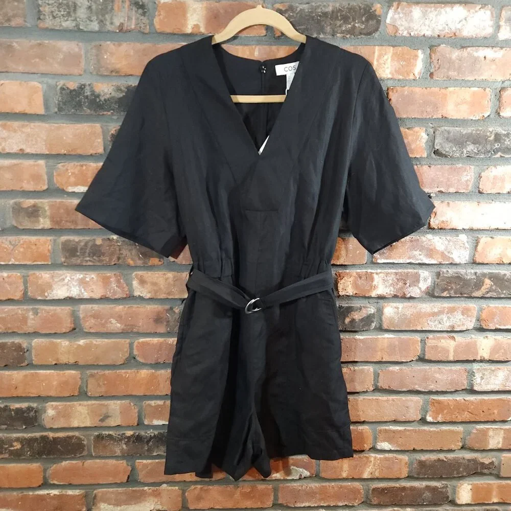 NWT COS Black Linen Blend Belted V-neck Romper Minimalist Summer Women's 6